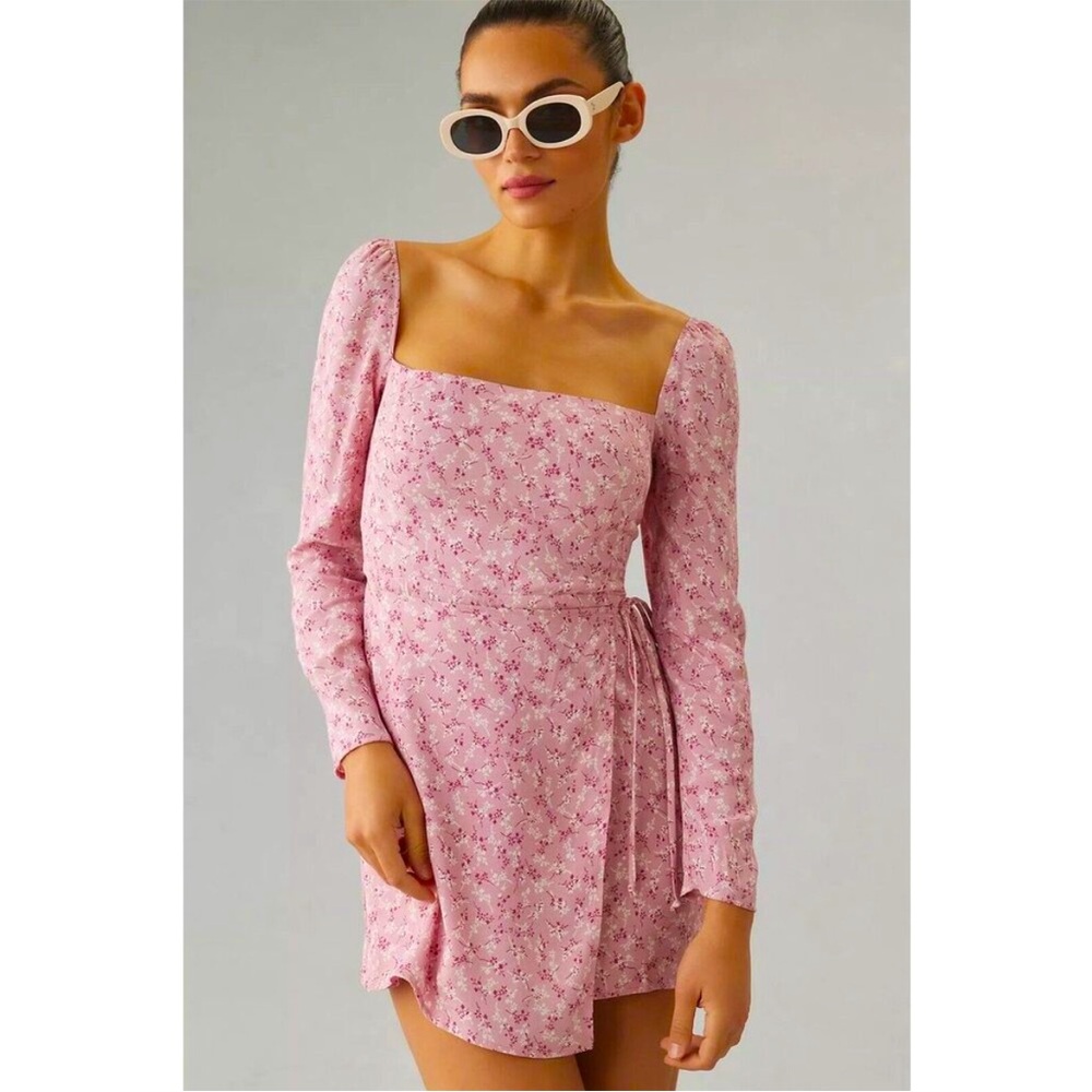 Reformation Rosalie Baby’s Breath Pink Faux-Wrap Long-Sleeved Dress Size 10